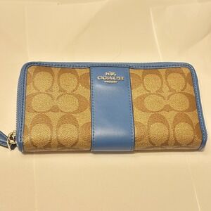 Coach Signature Canvas Zip Around Wallet With Blue Leather Accents